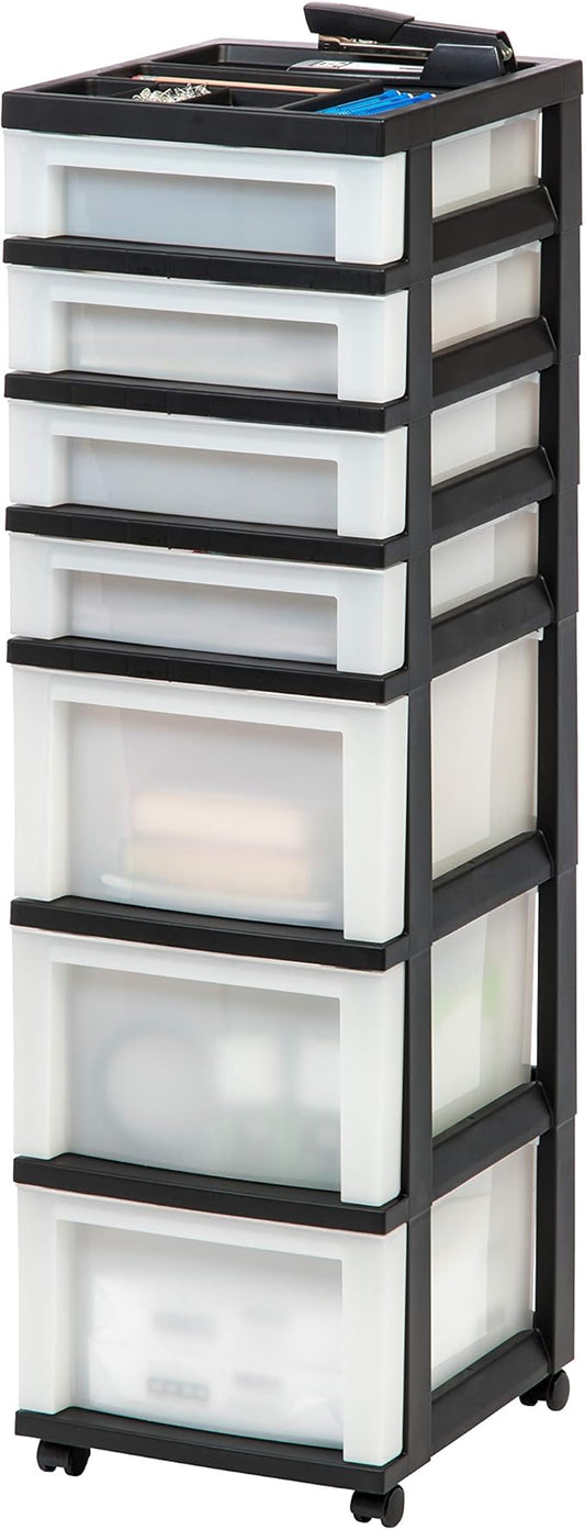 IRIS USA Plastic Drawer Storage Organizer Rolling Cart, with Wheels Casters, 7-Drawers, for Classroom Art Craft Supplies Dresser Closet Bathroom Bedroom, Top Organizer for Small Parts, Black/Pearl