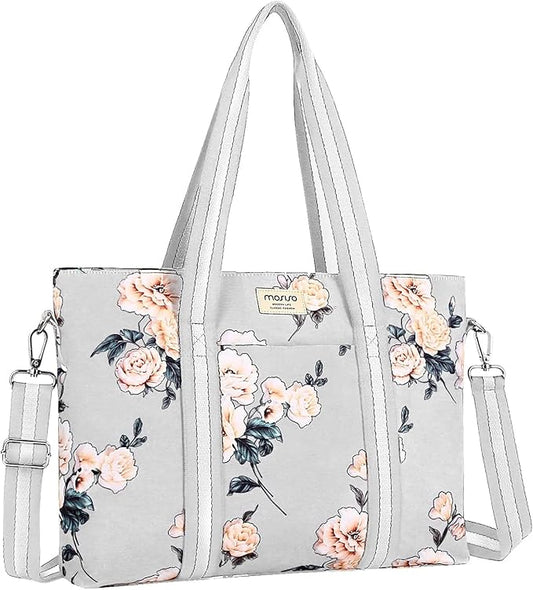 MOSISO Laptop Tote Bag for Women (17-17.3 inch), Canvas Camellia Multifunctional Work Travel Shopping Duffel Carrying Shoulder Handbag, Grey