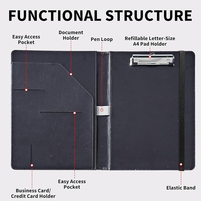 Padfolio Folder with Clipboard,Portfolios Organizer Clipboards with Storage Clipboard Writing Pad PU Leather Conference Document Organizer with Business Card Holder,Black Gold Marble