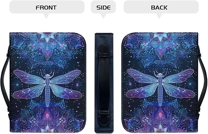 Lotusorchid Dragonfly Print Bible Covers for Women PU Leather Bible Case, Portable Bible Tote Bag Bible Book Carrying Case Christian Bible Accessories with Handle Pocket, Blue, L
