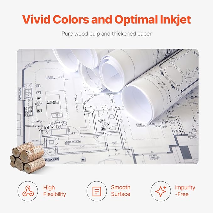 VEVOR Wide Format Paper, 24 in x 150 ft Plotter Paper, 6 Rolls CAD Bond Rolls with 2 in Core, 20 LB Bond Paper Rolls, Idea for CAD Drawings, Engineering Plans, GIS Maps & Architectural Designs