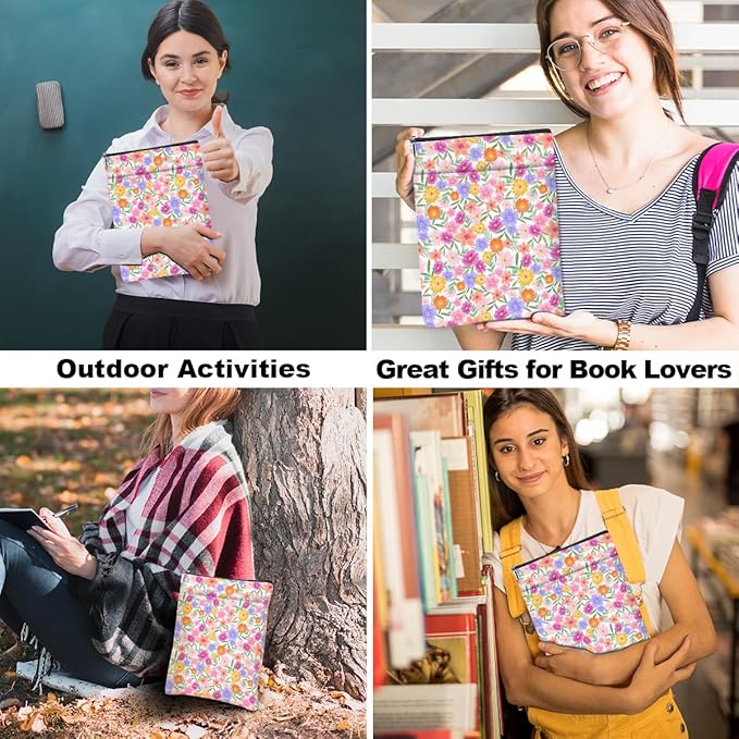 Watercolor Floral Pattern Book Lovers Gifts Waterproof Book Sleeve Book Pouch Book Protector with Zipper and Front Pocket BookCover Case for Women Girl Bride Grandma Book Accessories Book Club Gifts
