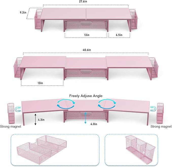 gianotter Dual Monitor Stand Riser, Desk Organizer With Drawer and 2 Pen Holders,Desk Organizers and Accessories, Pink Office Supplies (Pink)