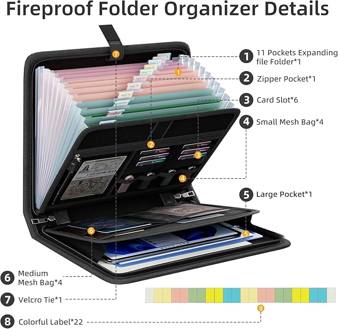 Fireproof Accordion File Organizer, Portable Expanding File Folder with Waterproof Zipper&Labels, Jet Black Document Organizer with 13 Pockets, File Organizer for Important Document/Paper Storage