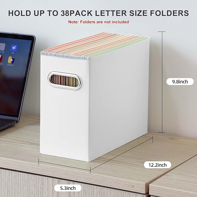 Oterri File Organizer, Small Storage Box, Cardboard File Folder Organizer, Collapsible File Box, Hanging File Organizer for Letter Size, Portable File Box with Handle, Only Box（White，2 Packs）