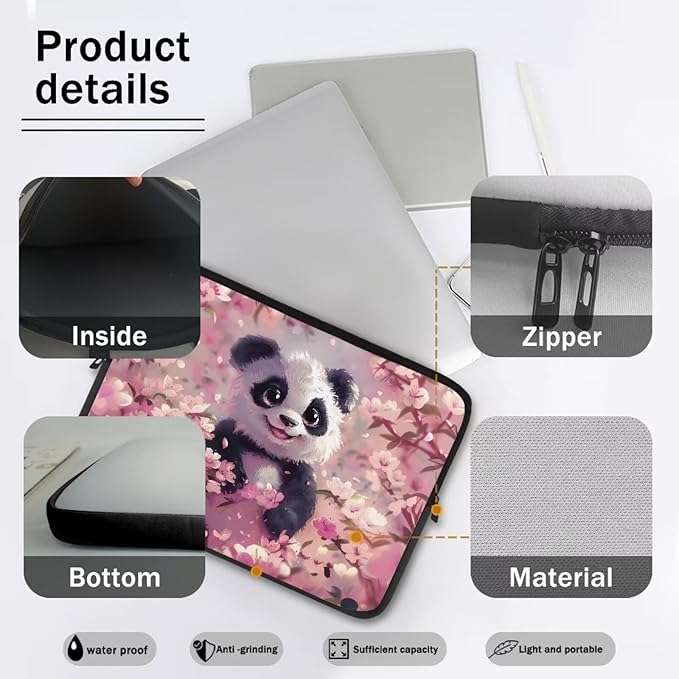 Panda Cherry Blossom Printed Computer Case Bag for Girls Boys, Washable 17 Inch Laptop Bag Carrying Case Laptop Briefcase Neoprene with Zipper, Compatible with Various Computers, Pink