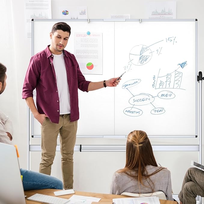 VIZ-PRO Double-Sided Mobile Whiteboard, 96 x 48 Inches, Magnetic Rolling Dry Erase White Board on Wheels with Aluminium Frame and Stand