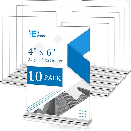 EHWINE 10 Pack Acrylic Sign Holder 4x6, Double-Sided Stand up Table Top Sign Holders, Clear Acrylic Picture Frame Paper Holder Display Stand for Office Business Store Wedding Party