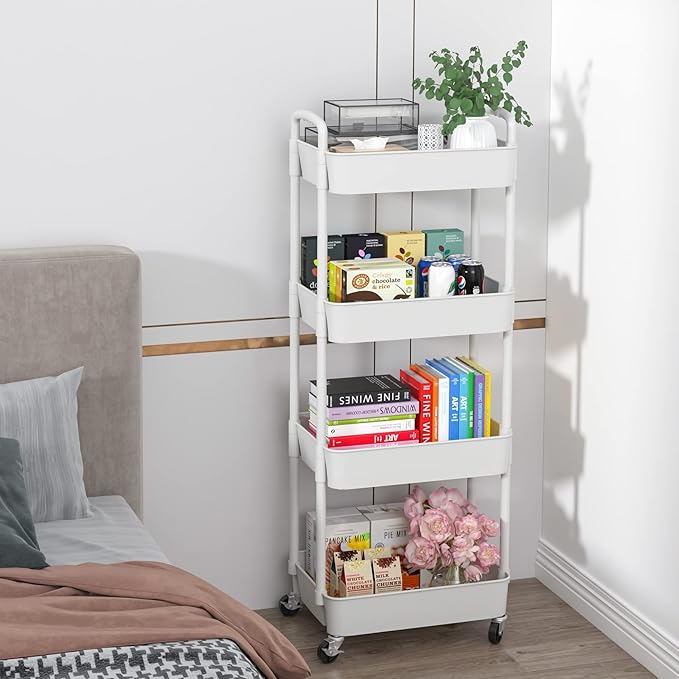 Sywhitta 4-Tier Plastic Rolling Utility Cart with Handle, Multi-Functional Storage Trolley for Office, Living Room, Kitchen, Movable Storage Organizer with Wheels, White