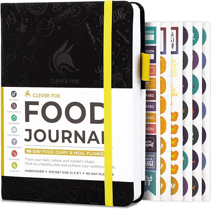 Clever Fox Food Journal Pocket - Daily Food Diary, Meal Planner to Track Calories & Nutrients, Weight Loss Tracker Notebook, 4x5.5” (Black)