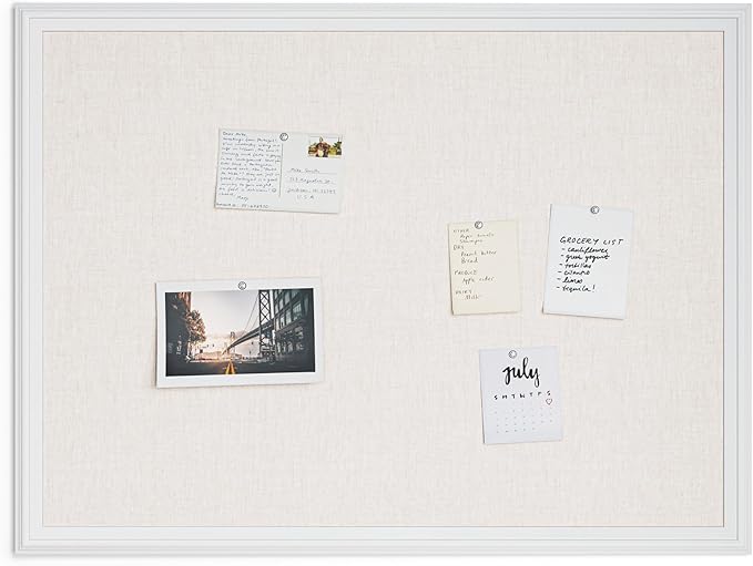 U Brands Farmhouse Linen Bulletin Board, 40"x30", White Wood Style Frame, Industrial Grade Pinning Surface