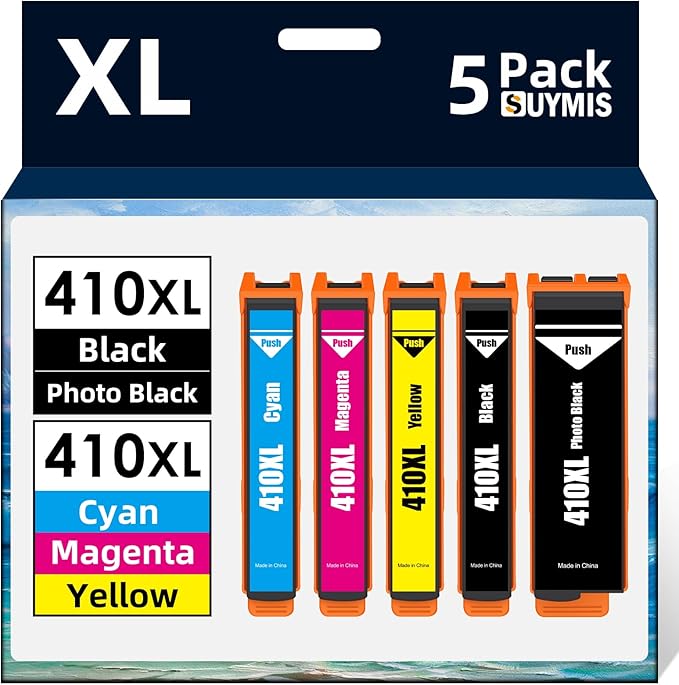 410 XL Ink Cartridges Remanufactured for Epson 410XL Ink Cartridges 5 Pack to Use with Epson Expression XP-7100 XP-830 XP-640 XP-630 XP-635 XP-530 Printers (Black, Cyan, Magenta, Yellow, Photo Black)