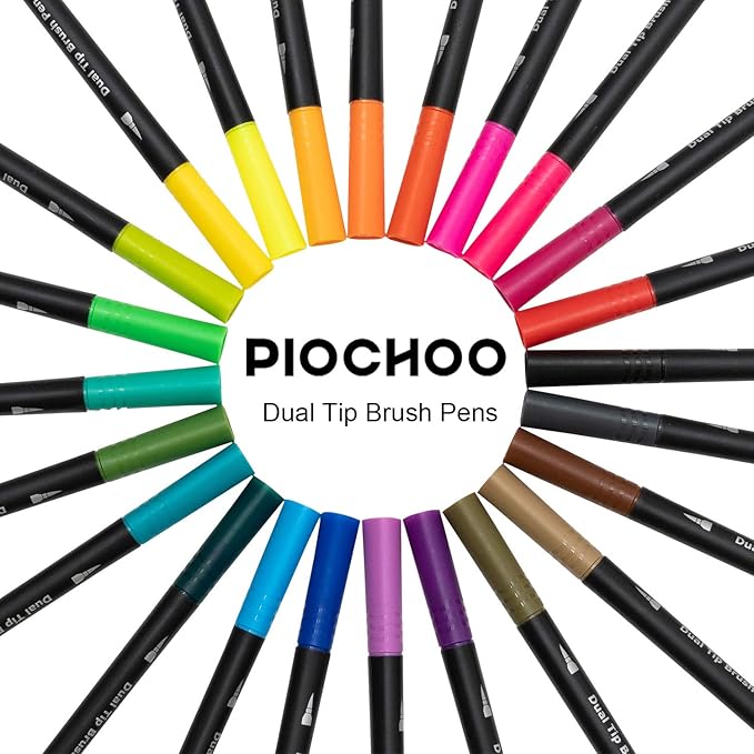 Dual Brush Marker Pens,24 Colored Markers,Fine Point and Brush Tip for Kids Adult Coloring Books Bullet Journals Planners,Note Taking Coloring Writing