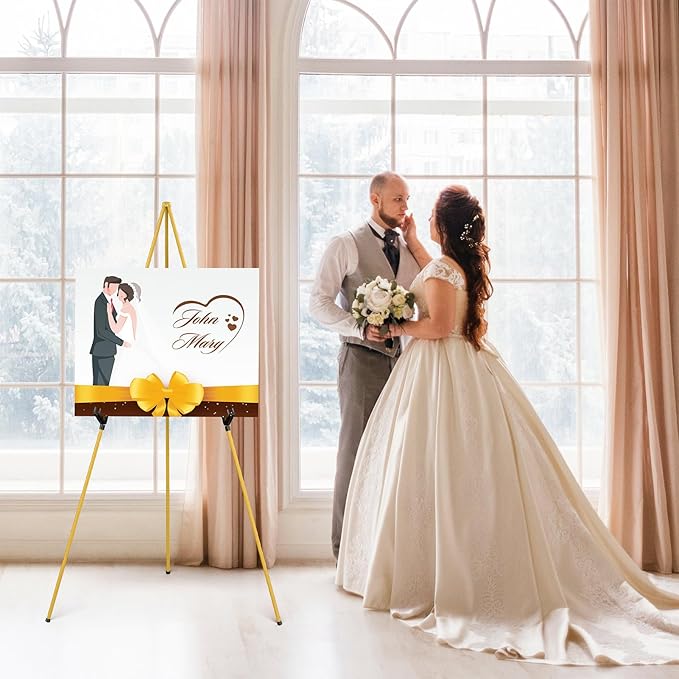 Display Artist Easel Stand - 63" Instant Tripod Collapsible Portable Floor Easel - Easy Folding Adjustable Art Poster Metal Stand for Display Show, Wedding, Painting - Gold
