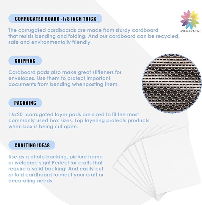 Mat Board Center, 25 pack 16x20 Corrugated Cardboard sheet, 1/8 inch thick, Flat Cardboard Inserts for Mailing, Packaging & Shipping, Cardboard Backing, Craft Card Board (White on one side)