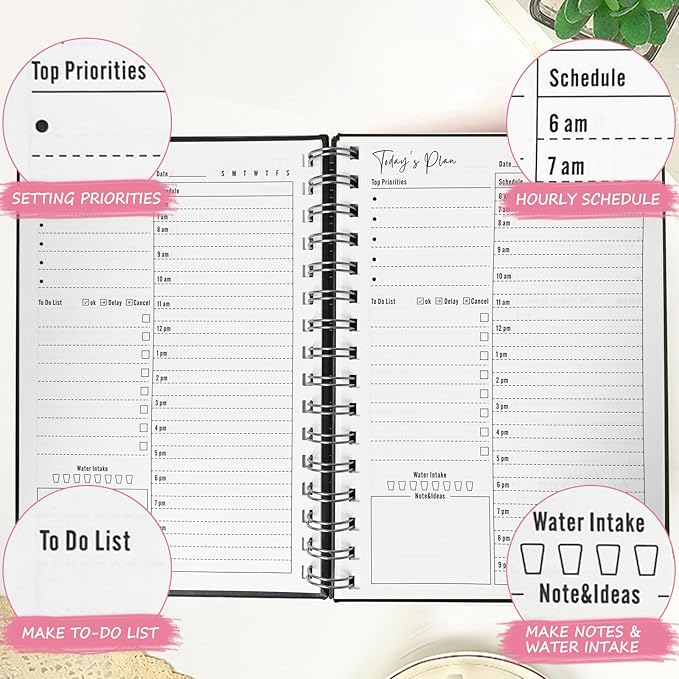 Undated Daily Planner,Undated Planner with Hourly Schedules, Daily Organizer Notebooks for work, Spiral Appointment Planner for Men and Wome, To Do List Notebook for Time Management, Elastic Closure, Pocket (Black)