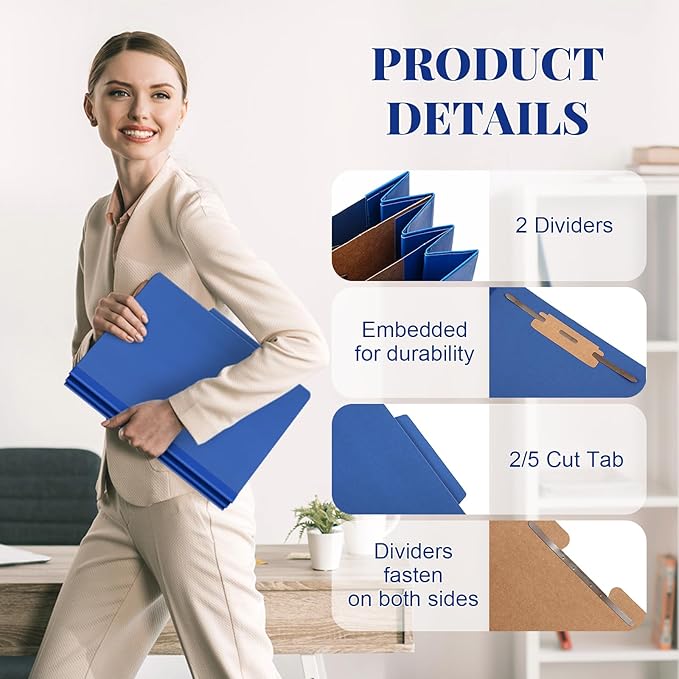48 Pcs Classification Folders Bulk 2 Dividers File Folder with Fastener 2 Prongs Letter Size Pressboard Filefolders with 3.5 Inch Expansion for Organize Office Medical Document (Dark Blue)