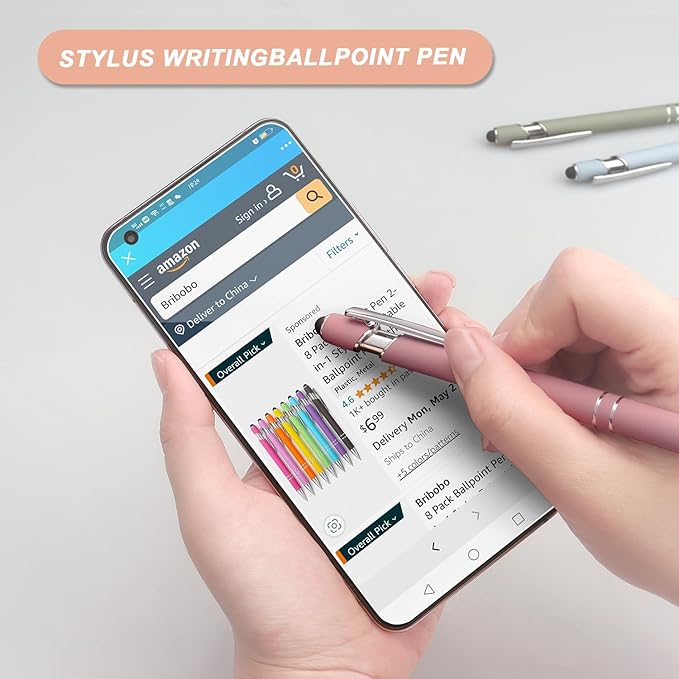 Ballpoint Pen 2-in-1 Stylus Retractable Ballpoint Pen with Stylus tip, Metal Stylus Pen for Touch Screens, 1.0 mm Black Ink (Pastel Color) 6 Pack