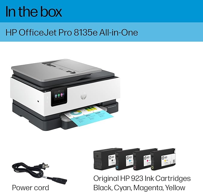 HP OfficeJet Pro 8135e Wireless All-in-One Color Inkjet Printer, Print, Scan, Copy, Fax, ADF, Duplex Printing, Best-for-Home Office, 3 Months of Instant Ink Included (40Q35A)