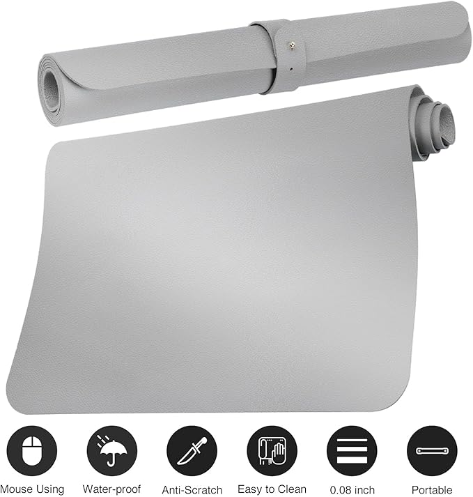 Boutilon Leather Desk Pad 24"x 14" Non-Slip Mouse Pad,Office Desk Mat,Waterprooft PU Leather Desk Blotter,Desk Pad Protector,Desk Writing Pad for Home Office Decor (S-Silver)