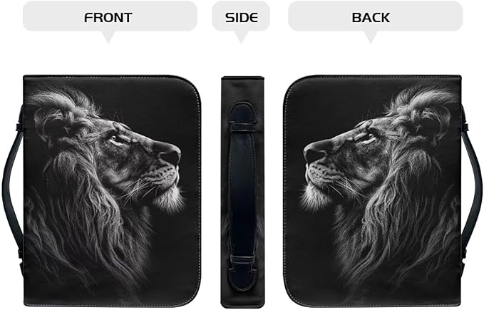 Lotusorchid Lion Print Faux Leather Bible Covers for Men, Portable Zippered Bible Carrying Case Bible Tote Bag for Women Girls, Christian Bible Study Accessories, Black, L