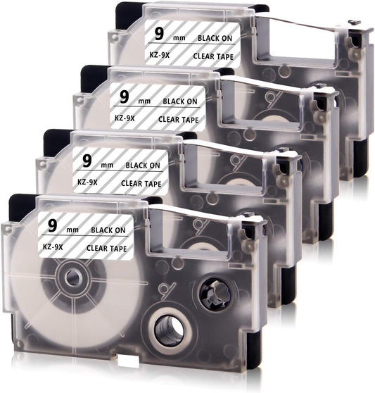 Absonic 4-Pack Compatible for Casio XR-9X XR-9X2S XR9X XR9X2S 9mm 0.35" Black on Clear Label Tape for KL-60 KL-100 KL-120 KL-430 KL-750 KL-780 KL-820 Label Maker, 3/8" x 26'