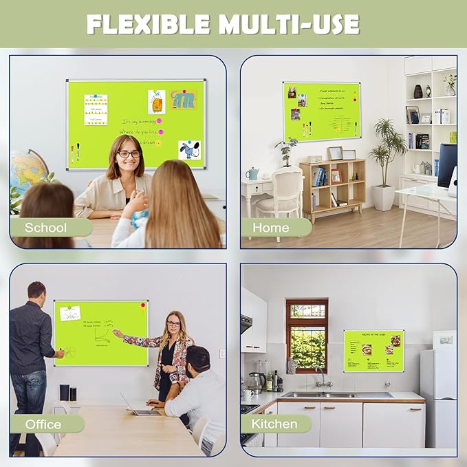 WALGLASS Magnetic Whiteboard 24"x18" Dry Erase White Board for Walls with Pen Tray, Aluminium Frame and Dry-Wipe Writing Surface for Kids' Drawing, Home, and Office (Green)