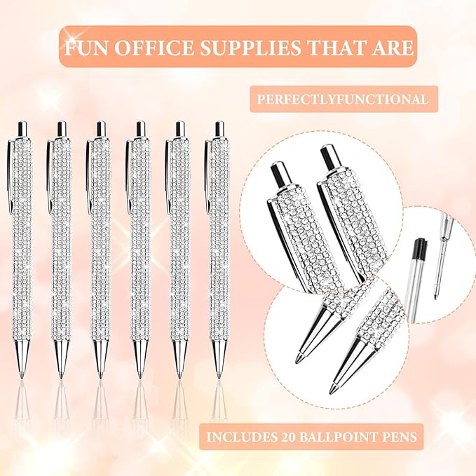 20Pcs Rhinestone Metal Ballpoint Pens Bling Pens Bulk Fancy Sparkly Crystal Diamond Pens Press Retractable Black Ink 0.7mm For Women Office Meeting Birthday Supplies Wedding Gifts(Silver)