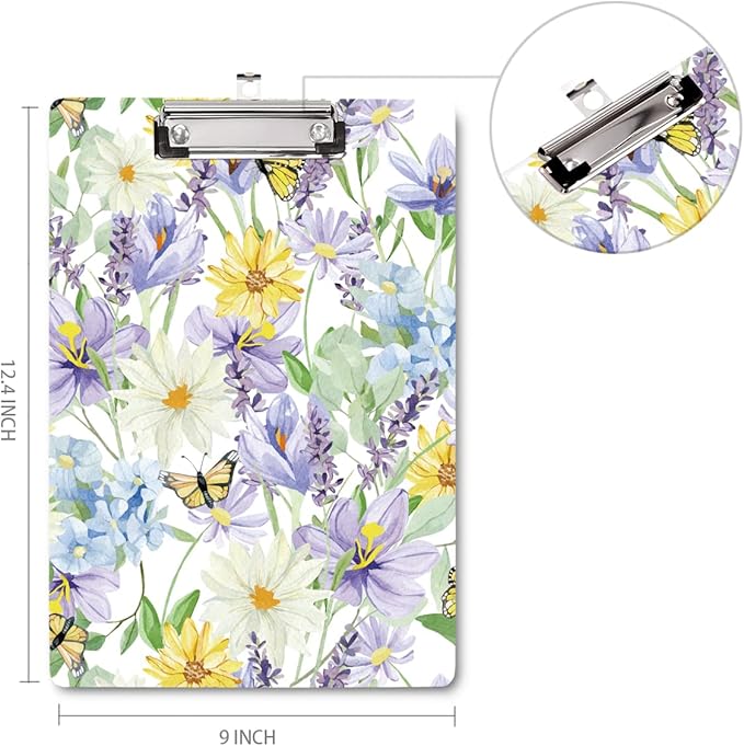 WAVEYU Cute Hardboard Office Clipboard, Clipboard with Low Profile Clip Designed for Students Classroom School and Office Use(12.5"x9"), Yellow Flower