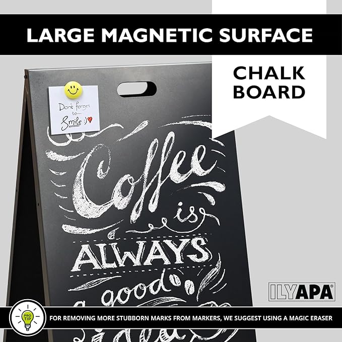 Ilyapa Modern Metal Double Sided Swinging Chalkboard Sidewalk Sign - Magnetic A Frame Alternative Menu Board, Sandwich Large Hanging Board Message Sign for Restaurant