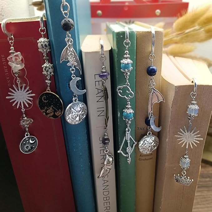 Retro Metal Bookmark for Bookish Gifts Wing Mask Bow and Arrow Charms Book Mark for Book Lover Gifts for Women Men (Sun and Star)