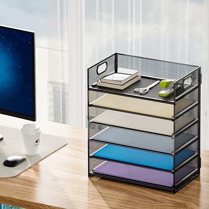 Marbrasse 2 Pack Desk Organizer with Handle, 6 Tier Paper Letter Tray, Mesh File Organizer for Office, School and Home