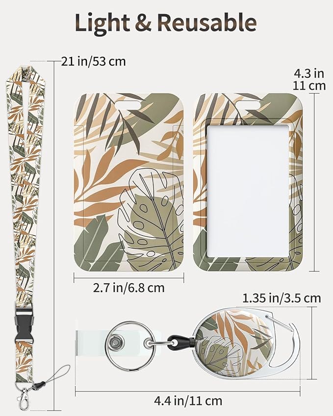 Uniclife 2 Pack Floral Sliding Badge Holder Flower Leaves Plastic Case with Retractable Badge Reel Carabiner Clip and Detachable Lanyard Strap Hard Vertical Card Protector for Women Nurse Teacher