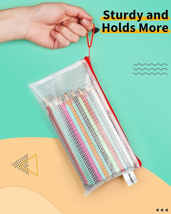 Smarpau 96 Pack Pencil Pouch, 12 Colors 9.3" x 4.7" Small Mesh Zipper Pouches, Clear Pencil Case Waterproof Zipper Bags for Office Supplies, Travel Organization
