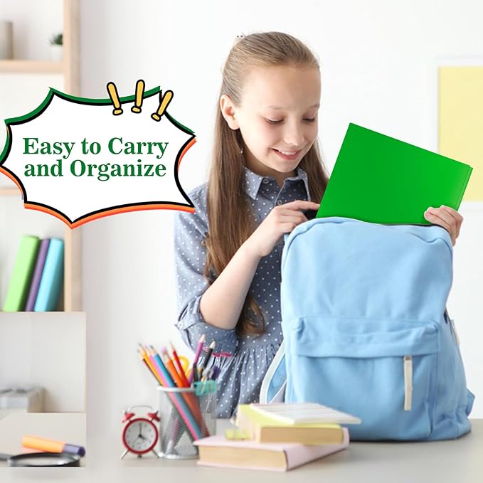 12-Pack Plastic Folders with Pockets and Prongs,2-Pocket Folders with 3 Fasteners, Poly Folders Holds 8-1/2" x 11" Paper for School/Office/Home, Green