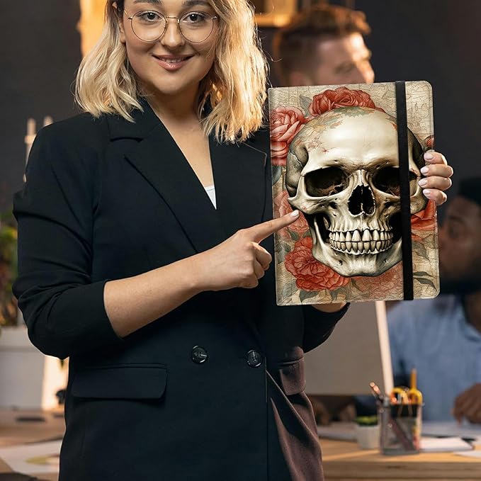 Skull Roses Padfolio Folder with Clipboard,Portfolios Organizer Clipboards with Storage Clipboard Writing Pad PU Leather Conference Document Organizer with Business Card Holder