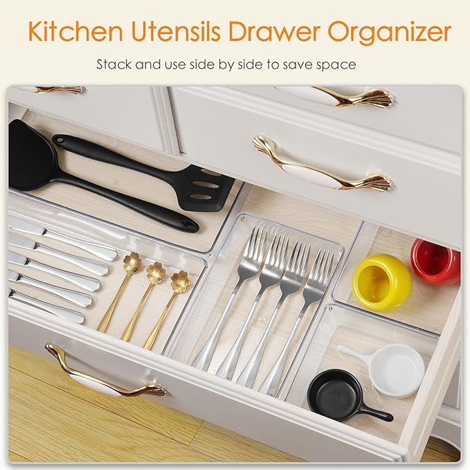Criusia Drawer Organizer, 6 Pack Large Clear Plastic Drawer Organizers Set, 2 Size Versatile Bathroom and Vanity Drawer Organizer Trays, Storage Bins for Makeup, Bedroom, Kitchen Gadgets Utensils