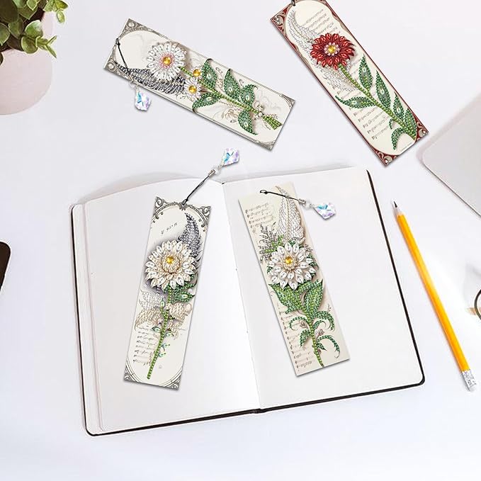 4-Piece 5D Diamond Painting Floral Bookmarks Set, DIY Craft Kit with Colorful Rhinestones, Flower Design Diamond Art Craft Bookmarks with Tassels, Ideal for Adults, Great Gift for Book Lovers