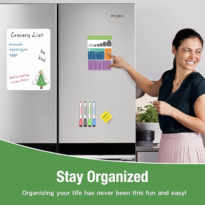 Magnetic Dry Erase Board: Small Fridge Whiteboard, Flexible Refrigerator Magnet White Board, Blank Writing Note Sheet with Kitchen Conversion Chart Magnet, 4 Markers & Eraser - 17 x 11