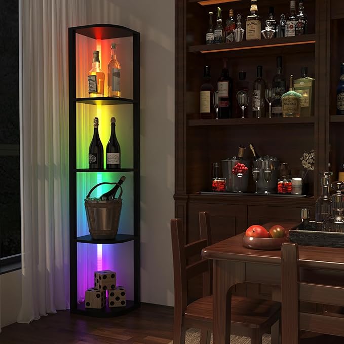 ROJASOP 5 Tiers Corner Shelf with Light Tall Display Shelf for Collectibles Control Multiple Color Lights via APP and Remote Control Floor Lamp with Shelf Supports Dimming for Living Room Bedroom Home