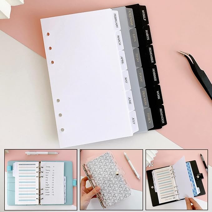 DY.2ten Black Binder Dividers for 6-Holes Ring Binder, 1/7 Cut Tabs, A5 Size, Sturdy Plastic Dividers with 7 Tabs for School Office Home, 2 Sets, 14 Dividers, 2 Tab Stickers.