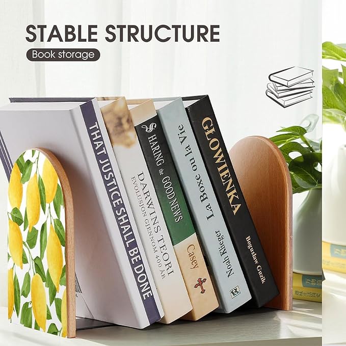Lemon Tree Leaves Wooden Large Book Ends Bookends for Shelves, 2 Pack Non-Skid Bookends for Heave Books, Book Stoppers Holders for Kitchen Office Library, 6.7x4.7x3.9in