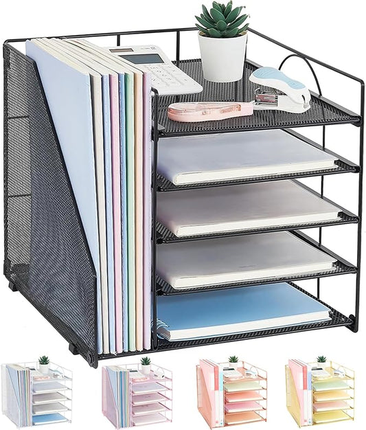 Desk Organizers and Accessories, 5-Tier Paper Letter Tray Organizer with File Holder, Desktop Organizer for Office Supplies (Black)