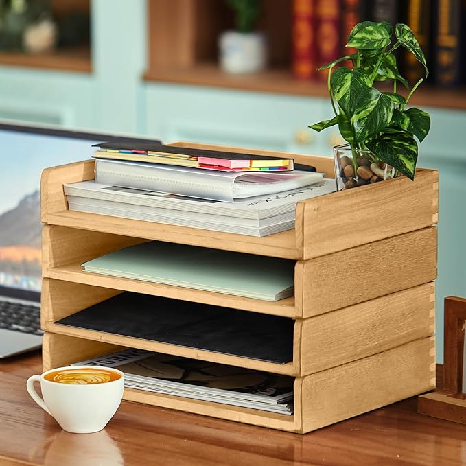 Yeaqee 4 Pcs Stackable Paper Tray Letter Tray Desktop Letter Size Wood Desk Organizer Office Wooden Desk Shelf Paper Holder Folder Organization Rack for Mail File Letter Document (Light Wood Color)
