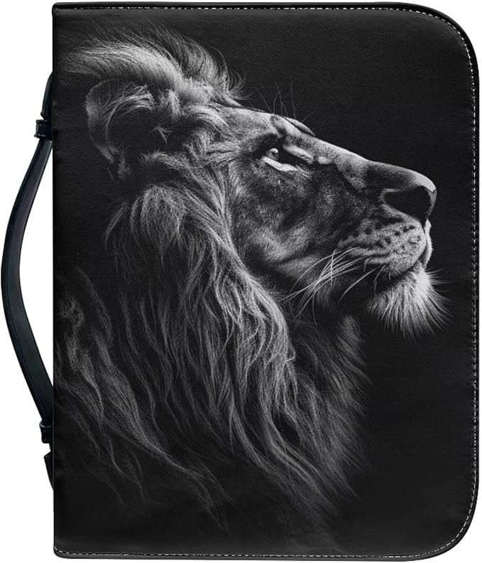 Lotusorchid Lion Print Faux Leather Bible Covers for Men, Portable Zippered Bible Carrying Case Bible Tote Bag for Women Girls, Christian Bible Study Accessories, Black, L