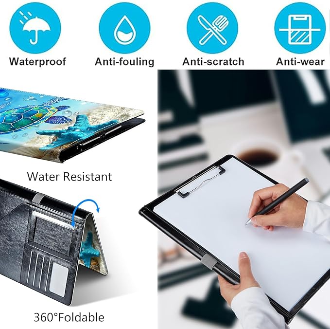 PU Leather Padfolio Folder Clipboard Portfolios Organizer Conference Document Organizer with Business Card Holder Storage Clipboard Writing Pad,Blue Turtle