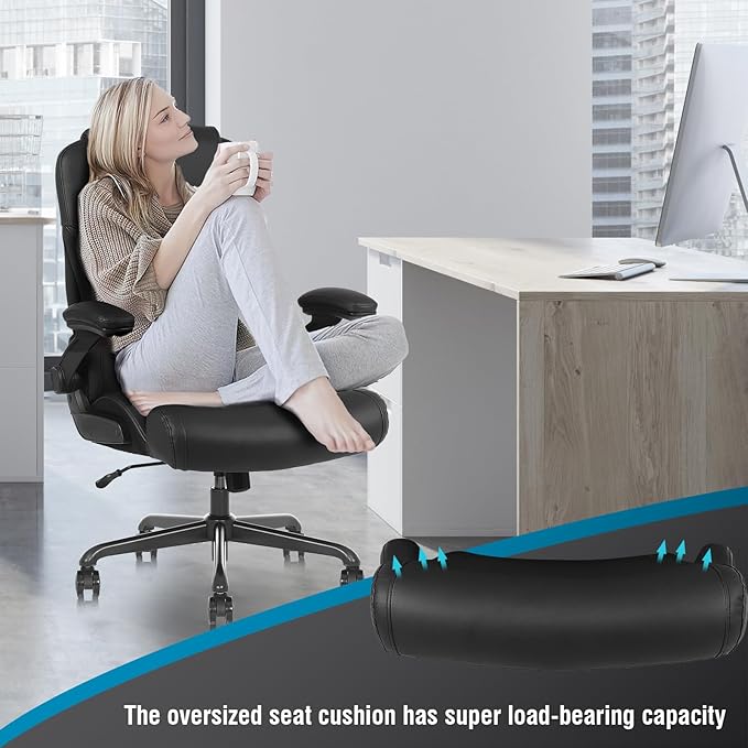 Flysky Executive Ergonomic Office Chair - Big and Tall Office Chair for Heavy People, PU Leather Computer Desk Chair with Flip-up Armrest, Comfortable Wide High Back PC Work Chair