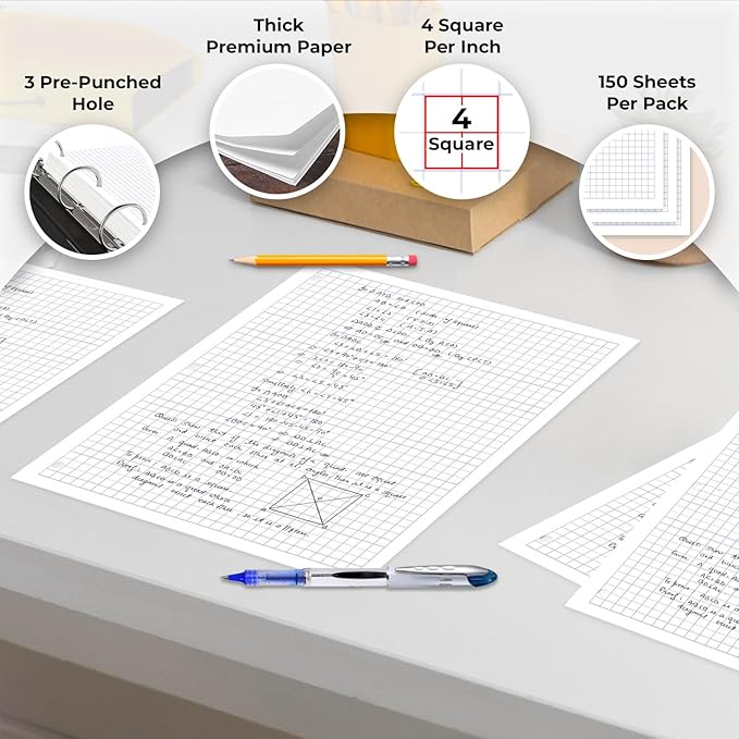 Graph Paper 3 Pack, 450 Sheets, 4x4 Grid Paper, 8" x 10.5", 3 Hole Punched, Notebook Paper, 54 GSM Thick Graphing Paper, Quad Ruled Graph Paper, Loose Leaf Paper, Back to School Supplies