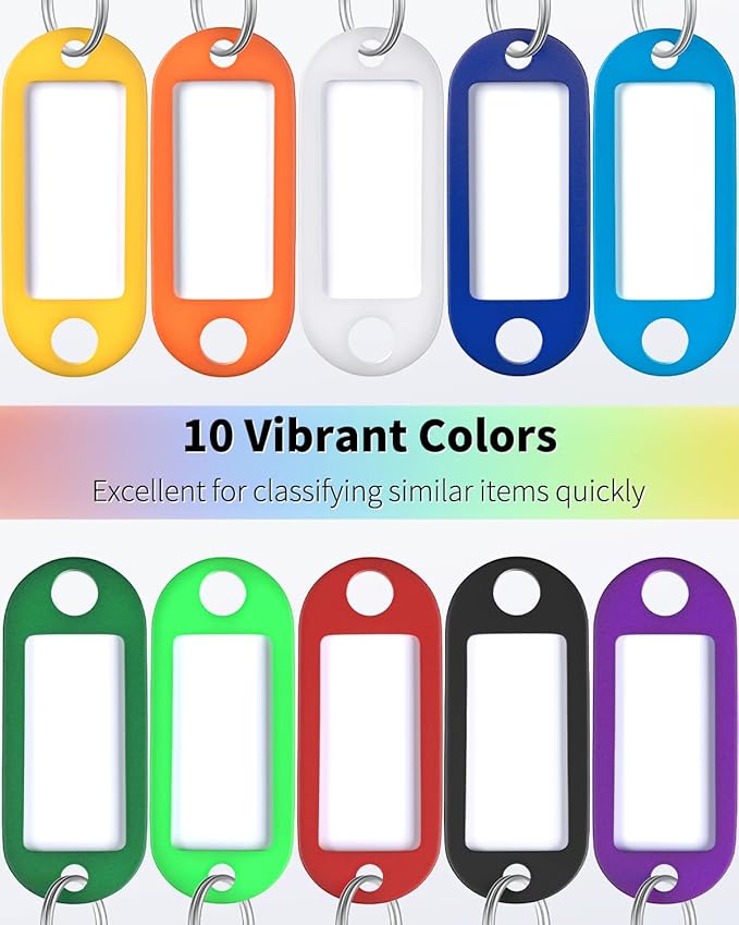 Uniclife 2 Inch Tough Plastic Key Tags in 10 Assorted Colors Item Identifiers Markers with Blank Paper Labels Protective Plastic Films and Split Rings, 100 Pack