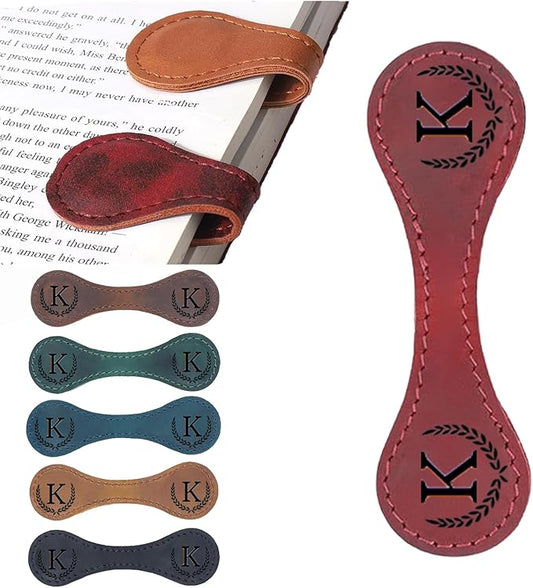Personalized Magnetic Leather Bookmark, 26 Letters Custom Leather Bookmarks, Handmade, Leather Magnetic Bookmark for Book Lovers Readers Women Kid(Red，K）